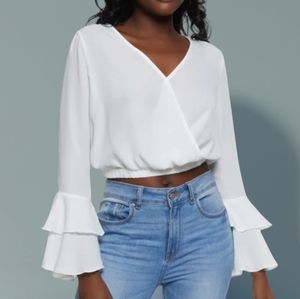 U2B Women's White Flounce Sleeve Sheer Cropped Blouse